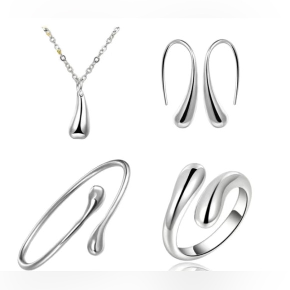 NWT Water Droplet Pendant Necklace Jewelry Set, Silver - Picture 3 of 7